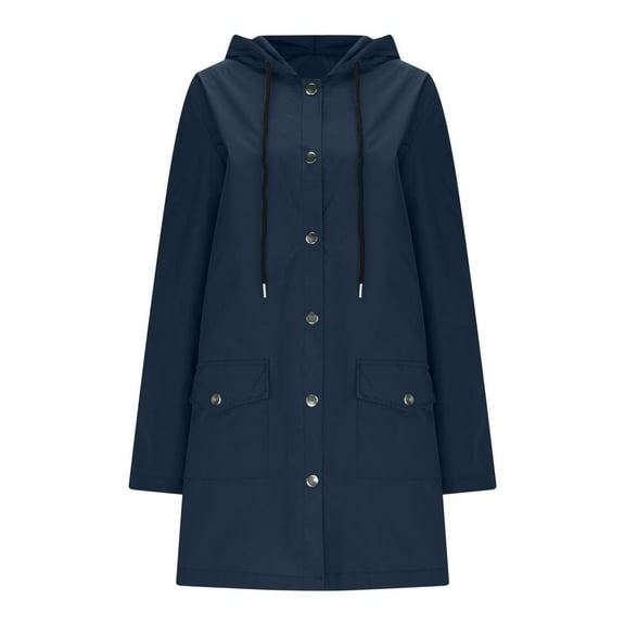 WTOBBY Women's Solid Stripe Mid-Length Hooded Waterproof Rain Jacket for Outdoor Sports and Sun Exposure, Windproof and Comfortable,Navy S