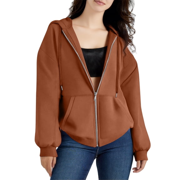 WTOBBY Women's Sports Hoodie Jacket Long Sleeve Zip Up Fleece Pullover Casual Athletic Outerwear with Front Pockets Performance Fabric Lightweight for Gym Running,Coffee L