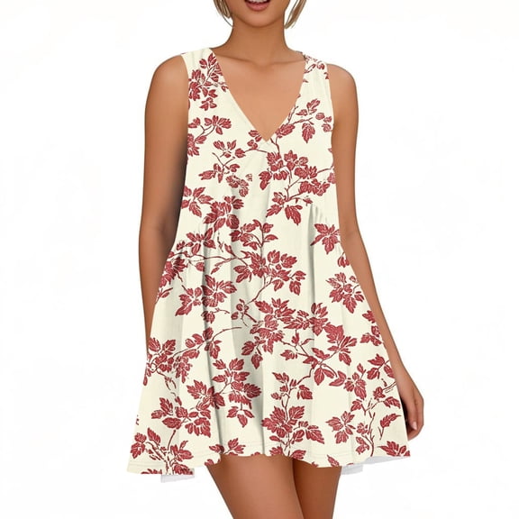 WTOBBY Women's Spring Summer Casual V-Neck Floral Print Sleeveless Dress with Pleated Skirt and Lightweight Fabric for Daily Wear and Weekend Outings,BeigeS