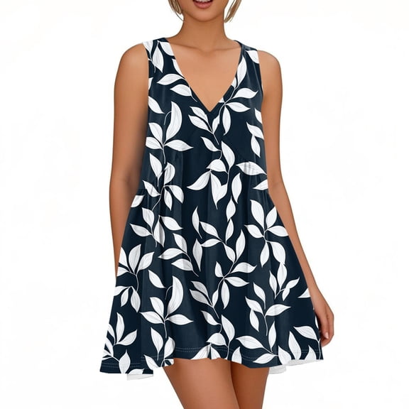WTOBBY Women's Spring Summer Casual V-Neck Floral Print Sleeveless Dress with Pleated Skirt and Lightweight Fabric for Daily Wear and Weekend Outings,BlackS