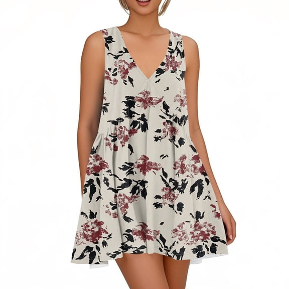 WTOBBY Women's Spring Summer Casual V-Neck Floral Print Sleeveless Dress with Pleated Skirt and Lightweight Fabric for Daily Wear and Weekend Outings,KhakiS
