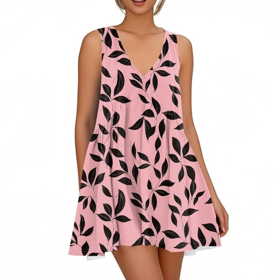WTOBBY Women's Spring Summer Casual V-Neck Floral Print Sleeveless Dress with Pleated Skirt and Lightweight Fabric for Daily Wear and Weekend Outings,PinkS