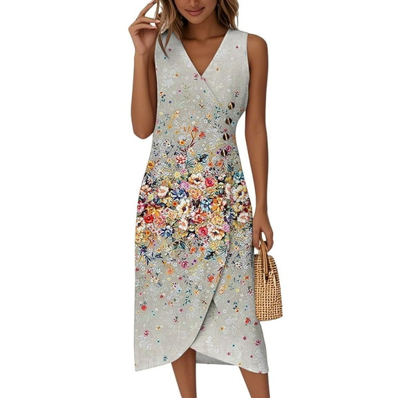 WTOBBY Women's Spring Summer Elegant Wrap V-Neck Floral Boho Beach Dress Flowy Ruched Hawaiian Maxi Dress with Lightweight Material for Vacation and Resort Wear,Khaki L