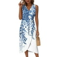 thumbnail image 1 of WTOBBY Women's Spring Summer Elegant Wrap V-Neck Floral Boho Beach Dress Flowy Ruched Hawaiian Maxi Dress with Lightweight Material for Vacation and Resort Wear,Sky Blue S, 1 of 5