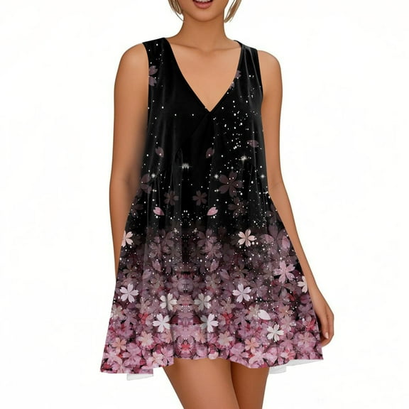 WTOBBY Women's Spring Summer Floral Print Casual Dress V-Neck Sleeveless with Button Front for Outdoor Activities and Park Visits,BlackS