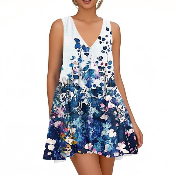 WTOBBY Women's Spring Summer Floral Print Casual Dress V-Neck Sleeveless with Button Front for Outdoor Activities and Park Visits,BlueM