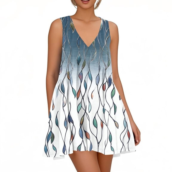 WTOBBY Women's Spring Summer Floral Print Casual Dress V-Neck Sleeveless with Button Front for Outdoor Activities and Park Visits,TurquoiseM