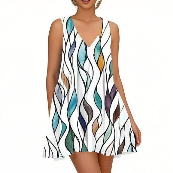 WTOBBY Women's Spring Summer Floral Print Casual Dress V-Neck Sleeveless with Button Front for Outdoor Activities and Park Visits,WhiteS