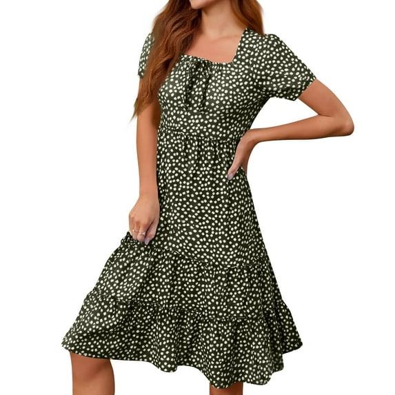 WTOBBY Women's Square Neck Tiered Summer Dresses Casual Floral Short Sleeved A-Line Swing Flowy Dress, Boho Sundress for Beach Style,Army Green L