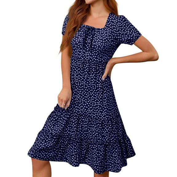 WTOBBY Women's Square Neck Tiered Summer Dresses Casual Floral Short Sleeved A-Line Swing Flowy Dress, Boho Sundress for Beach Style,Navy S