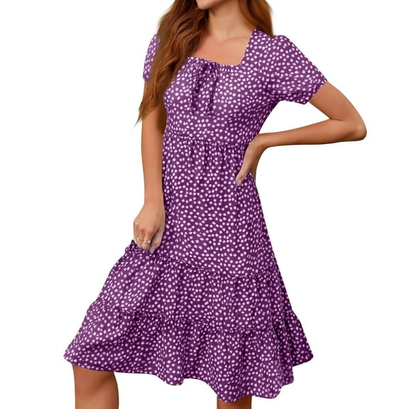 WTOBBY Women's Square Neck Tiered Summer Dresses Casual Floral Short Sleeved A-Line Swing Flowy Dress, Boho Sundress for Beach Style,Purple XL