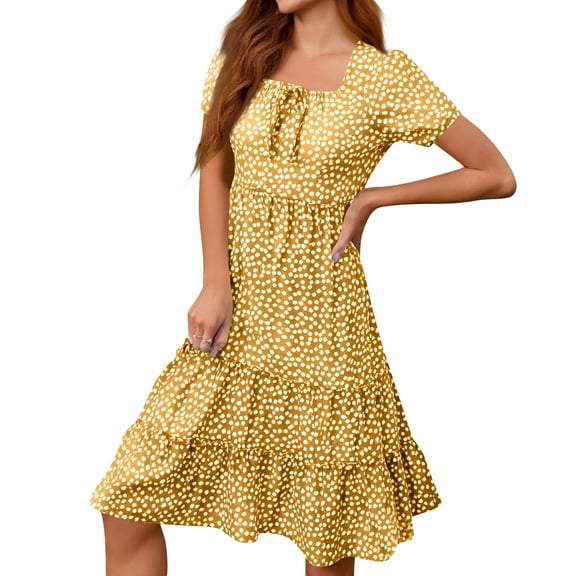 WTOBBY Women's Square Neck Tiered Summer Dresses Casual Floral Short Sleeved A-Line Swing Flowy Dress, Boho Sundress for Beach Style,Yellow L