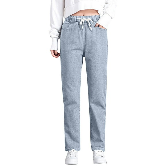 WTOBBY Women's Straight Leg Elastic Waist Tie High Waist Jeans, Loose Ankle-Length Denim Pants for Casual Comfort, Functional Design with Adjustable Waist,Light Blue M