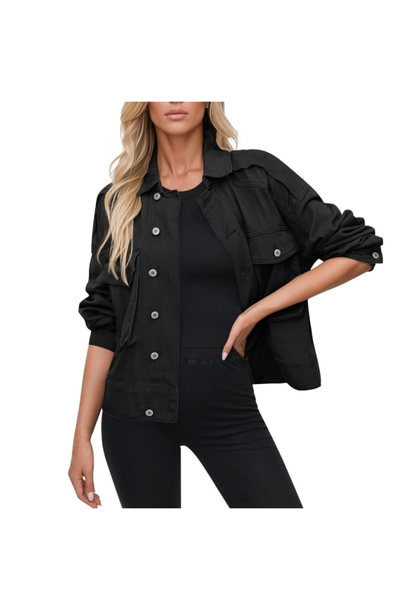 Women's Stretch Denim Jacket with Button Front, Long Sleeve Jean Trucker Coat with Pockets, Casual Workwear Style for Daily Use, Durable and Comfortable Fit,Black S
