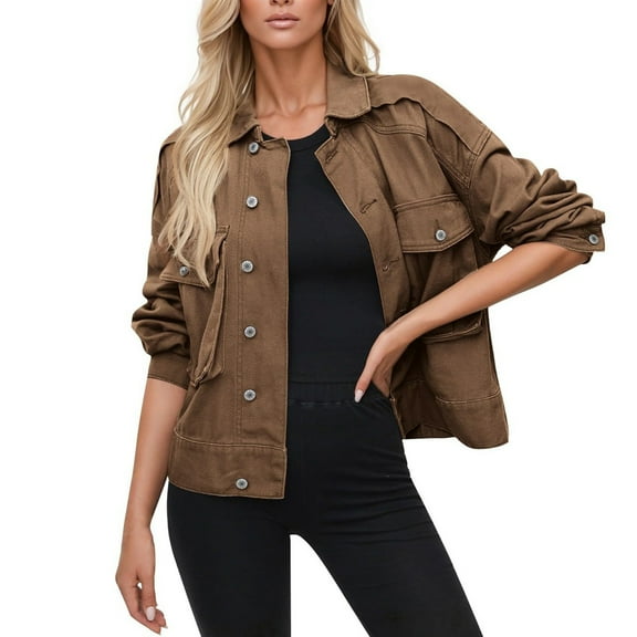 WTOBBY Women's Stretch Denim Jacket with Button Front, Long Sleeve Jean Trucker Coat with Pockets, Casual Workwear Style for Daily Use, Durable and Comfortable Fit,Brown L