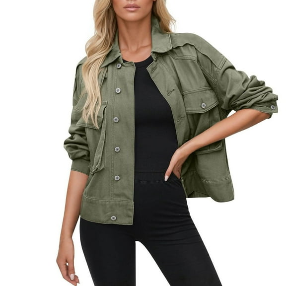 WTOBBY Women's Stretch Denim Jacket with Button Front, Long Sleeve Jean Trucker Coat with Pockets, Casual Workwear Style for Daily Use, Durable and Comfortable Fit,Green 2XL