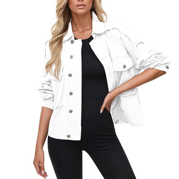 WTOBBY Women's Stretch Denim Jacket with Button Front, Long Sleeve Jean Trucker Coat with Pockets, Casual Workwear Style for Daily Use, Durable and Comfortable Fit,White 2XL