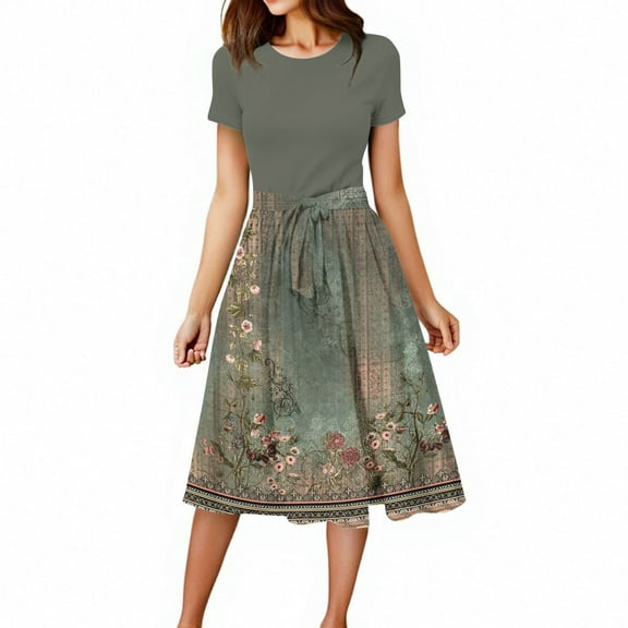 WTOBBY Women's Stretchy Belted Floral Print Short Sleeve Round Neck Casual Elegant Outdoor Dress,Army Green 2XL