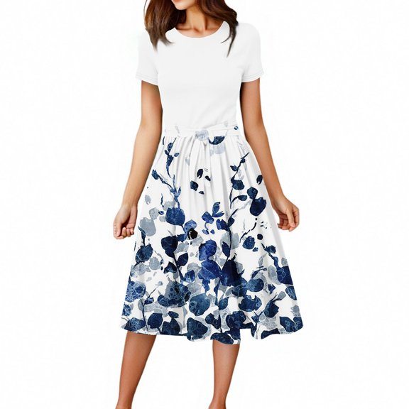 WTOBBY Women's Stretchy Belted Floral Print Short Sleeve Round Neck Casual Elegant Outdoor Dress,Dark Blue M