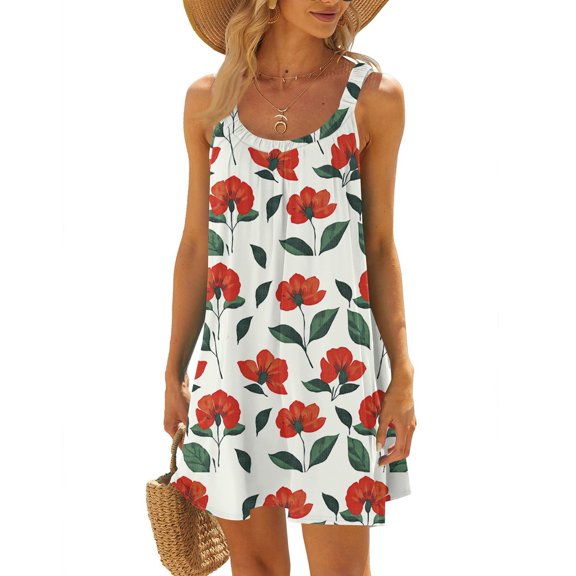 WTOBBY Women's Stretchy Sleeveless Scoop Neck Floral Sun Dress for Summer Vacation & Pool Party,Red XL