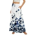 thumbnail image 1 of WTOBBY Women's Stripe Retro Floral Tie-Dye Print Flowy Flared Maxi Skirt with Ruffle Hem, A-Line Elastic Waist Elegant Tiered Bohemian Long Skirt for Vintage Style and Casual Wear,Dark Blue XL, 1 of 5