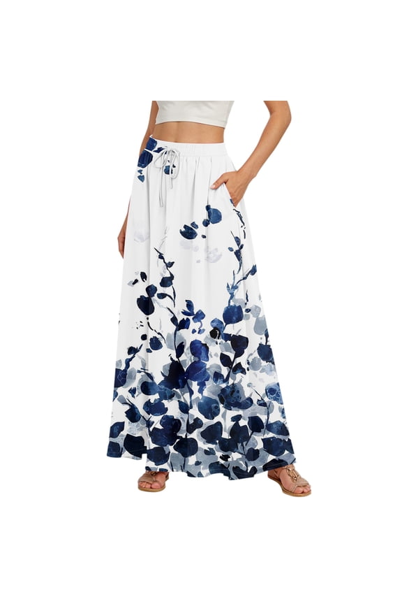 Women's Stripe Retro Floral Tie-Dye Print Flowy Flared Maxi Skirt with Ruffle Hem, A-Line Elastic Waist Elegant Tiered Bohemian Long Skirt for Vintage Style and Casual Wear,Dark Blue M