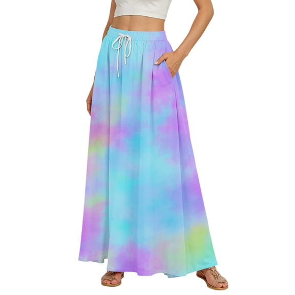 WTOBBY Women's Stripe Retro Floral Tie-Dye Print Flowy Flared Maxi Skirt with Ruffle Hem, A-Line Elastic Waist Elegant Tiered Bohemian Long Skirt for Vintage Style and Casual Wear,Cyan 2XL