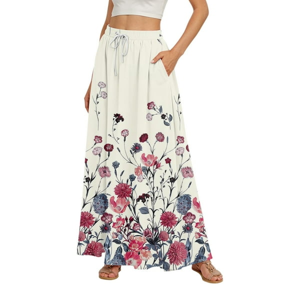 WTOBBY Women's Stripe Retro Floral Tie-Dye Print Flowy Flared Maxi Skirt with Ruffle Hem, A-Line Elastic Waist Elegant Tiered Bohemian Long Skirt for Vintage Style and Casual Wear,Beige M