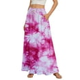 thumbnail image 1 of WTOBBY Women's Stripe Retro Floral Tie-Dye Print Flowy Flared Maxi Skirt with Ruffle Hem, A-Line Elastic Waist Elegant Tiered Bohemian Long Skirt for Vintage Style and Casual Wear,Pink XL, 1 of 5