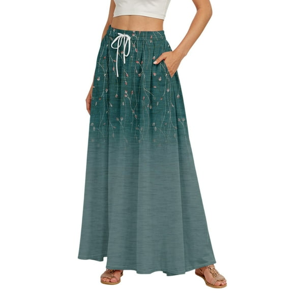 WTOBBY Women's Stripe Retro Floral Tie-Dye Print Flowy Flared Maxi Skirt with Ruffle Hem, A-Line Elastic Waist Elegant Tiered Bohemian Long Skirt for Vintage Style and Casual Wear,Dark Green S