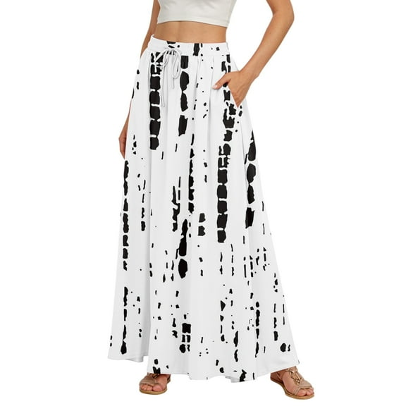 WTOBBY Women's Stripe Retro Floral Tie-Dye Print Flowy Flared Maxi Skirt with Ruffle Hem, A-Line Elastic Waist Elegant Tiered Bohemian Long Skirt for Vintage Style and Casual Wear,Black S