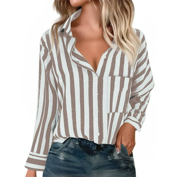 WTOBBY Women's Striped Button Down Shirt Long Sleeve Casual Shirt - Fashion Blouse with Button Front for Stylish and Comfortable Office or Daily Wear,Brown L