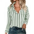 thumbnail image 1 of WTOBBY Women's Striped Button Down Shirt Long Sleeve Casual Shirt - Fashion Blouse with Button Front for Stylish and Comfortable Office or Daily Wear,Dark Green M, 1 of 5