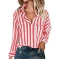thumbnail image 1 of WTOBBY Women's Striped Button Down Shirt Long Sleeve Casual Shirt - Fashion Blouse with Button Front for Stylish and Comfortable Office or Daily Wear,Red M, 1 of 4