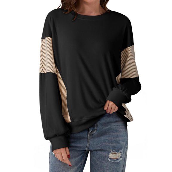 WTOBBY Women's Striped Color Block Sweatshirt, Casual Long Sleeve Round Neck Top, Fall Fashion Tunic Blouse with Modern Relaxed Silhouette Design,Black S