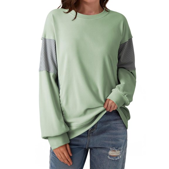 WTOBBY Women's Striped Color Block Sweatshirt, Casual Long Sleeve Round Neck Top, Fall Fashion Tunic Blouse with Modern Relaxed Silhouette Design,Light Green M
