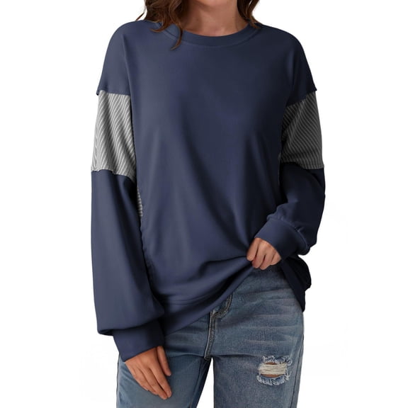 WTOBBY Women's Striped Color Block Sweatshirt, Casual Long Sleeve Round Neck Top, Fall Fashion Tunic Blouse with Modern Relaxed Silhouette Design,Navy L