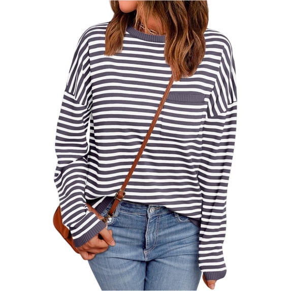 WTOBBY Women's Striped Long Sleeve Top, Casual Round Neck Sweatshirt, Lightweight Pullover for Fall with Breathable Cotton Blend Fabric for All Day Comfort,Purple S