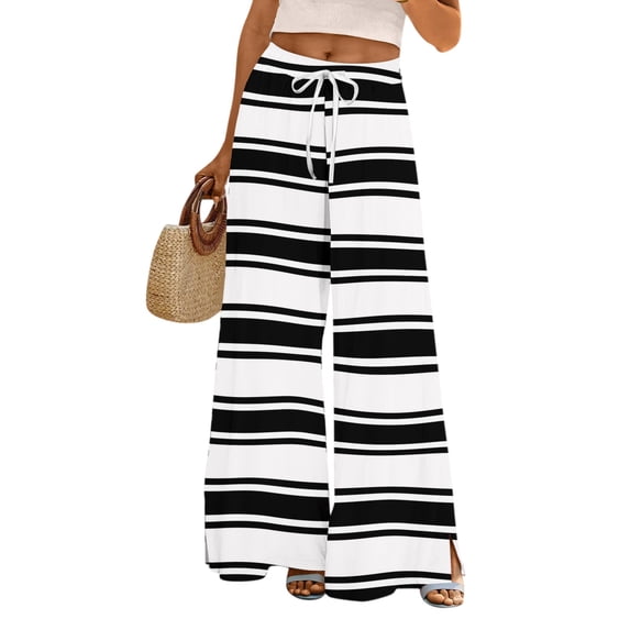 WTOBBY Women's Striped Print Wide Leg Pants Featuring High Waist Drawstring Loose Casual Design with Functional Pockets for Fashionable Wear ,Dark Gray S