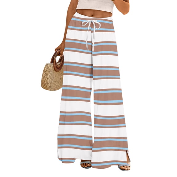 WTOBBY Women's Striped Print Wide Leg Pants Featuring High Waist Drawstring Loose Casual Design with Functional Pockets for Fashionable Wear ,Light Brown XL