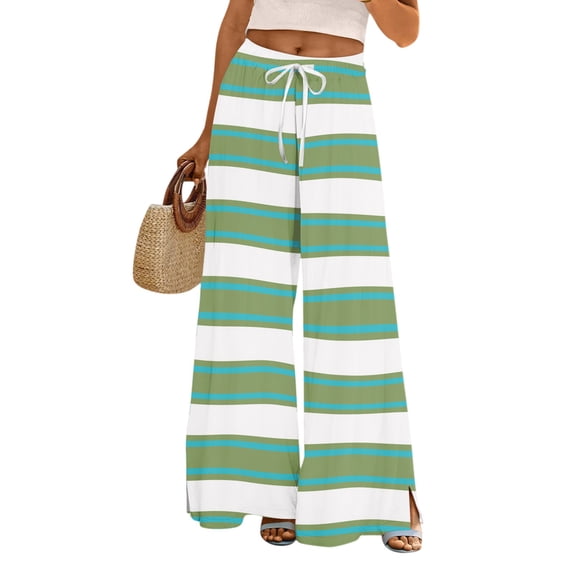 WTOBBY Women's Striped Print Wide Leg Pants Featuring High Waist Drawstring Loose Casual Design with Functional Pockets for Fashionable Wear ,Green L