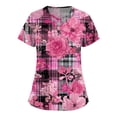 thumbnail image 1 of WTOBBY Women's Stylish Cross V-Neck Short Sleeve Work Overalls with Double Layer Pockets Printed Scrub Top, Functional Nursing Uniform Apparel Comfortable for Long Hours ,Pink S, 1 of 5