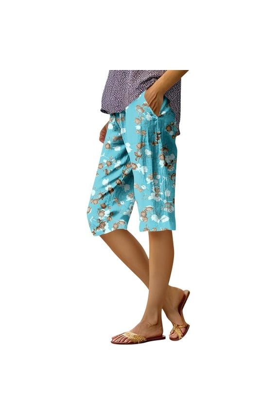 Women's Stylish Floral Pattern Elastic Waist Casual Bermuda Shorts with Side Pockets, Knee-Length Design for Everyday Outdoor Activities,Cyan XL