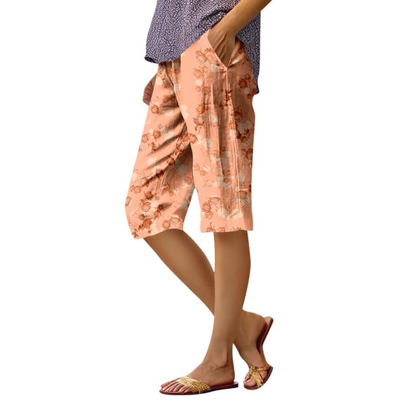 WTOBBY Women's Stylish Floral Pattern Elastic Waist Casual Bermuda Shorts with Side Pockets, Knee-Length Design for Everyday Outdoor Activities,Saffron XL