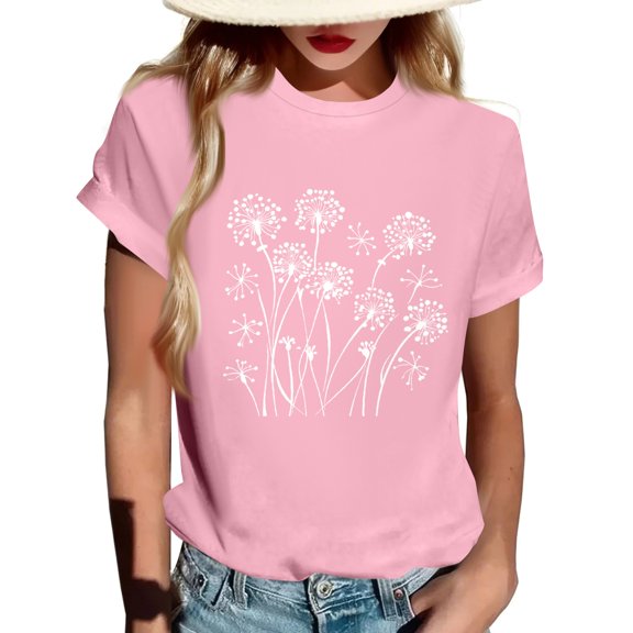 WTOBBY Women's Stylish Floral Print Round Neck Short Sleeve T-Shirt Top, Casual and Lightweight Fit for Summer, Perfect for Daily Activities and Outings,Pink L