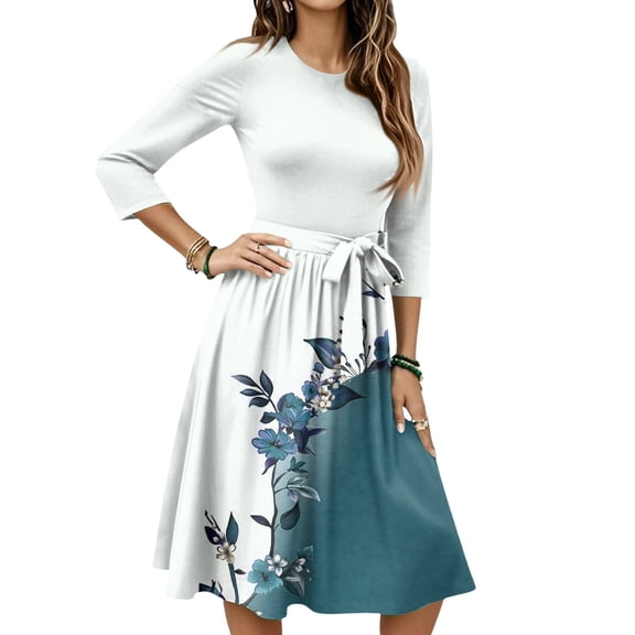 WTOBBY Women's Stylish Floral Print Waistband Round Neck 3/4 Sleeve Dress, Flowy Midi Sundress with Casual Elegance for Summer,Blue S