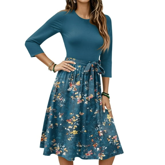 WTOBBY Women's Stylish Floral Print Waistband Round Neck 3/4 Sleeve Dress, Flowy Midi Sundress with Casual Elegance for Summer,Dark Blue S