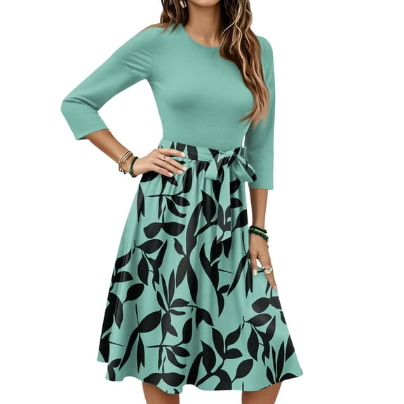 WTOBBY Women's Stylish Floral Print Waistband Round Neck 3/4 Sleeve Dress, Flowy Midi Sundress with Casual Elegance for Summer,Green S
