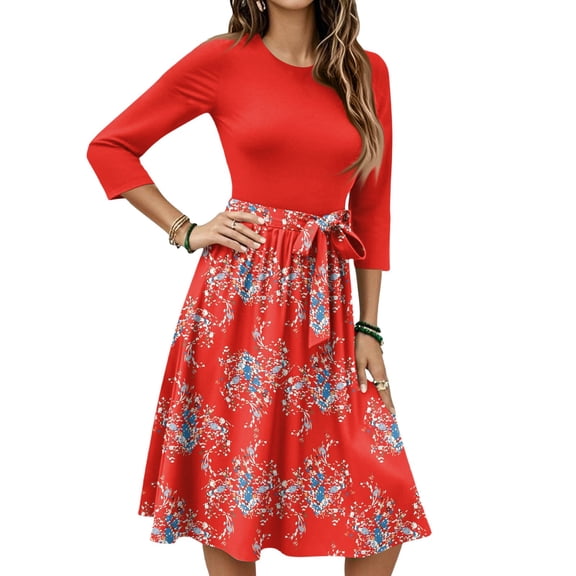 WTOBBY Women's Stylish Floral Print Waistband Round Neck 3/4 Sleeve Dress, Flowy Midi Sundress with Casual Elegance for Summer,Vermilion S