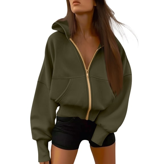 WTOBBY Women's Stylish Lightweight Long-sleeved Outerwear With Pockets, Preppy Casual Cardigan with Hood for School and Everyday Fashion,Army Green 2XL